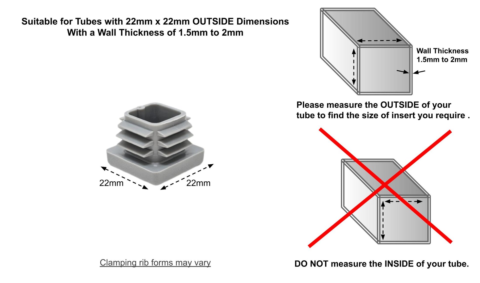 Square Tube Inserts 22mm x 22mm Grey | Made in Germany | Keay Vital Parts - Keay Vital Parts