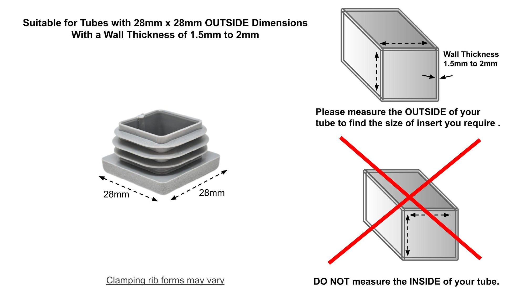 Square Tube Inserts 28mm x 28mm Grey | Made in Germany | Keay Vital Parts - Keay Vital Parts