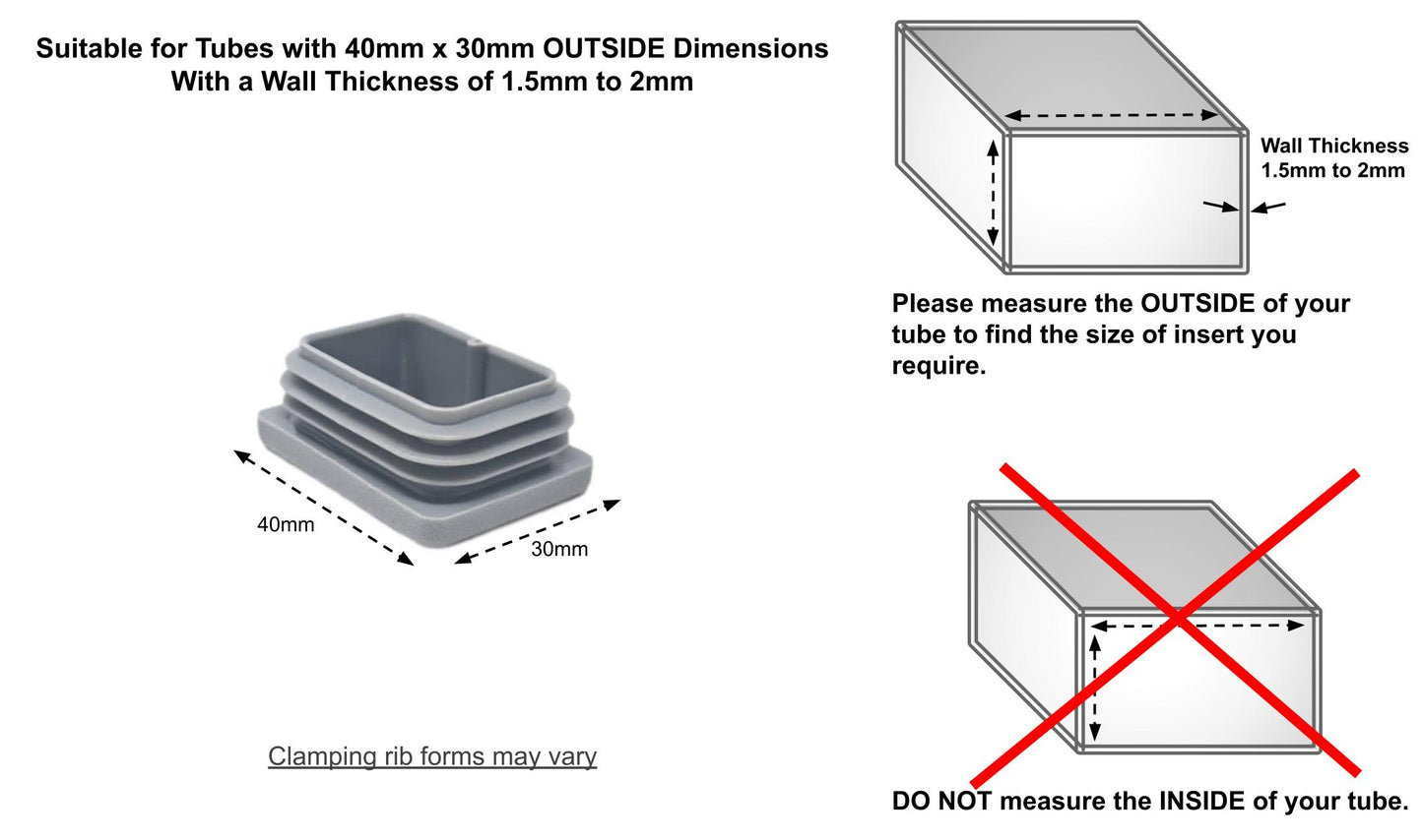 Rectangular Tube Inserts 40mm x 30mm Grey | Made in Germany | Keay Vital Parts - Keay Vital Parts