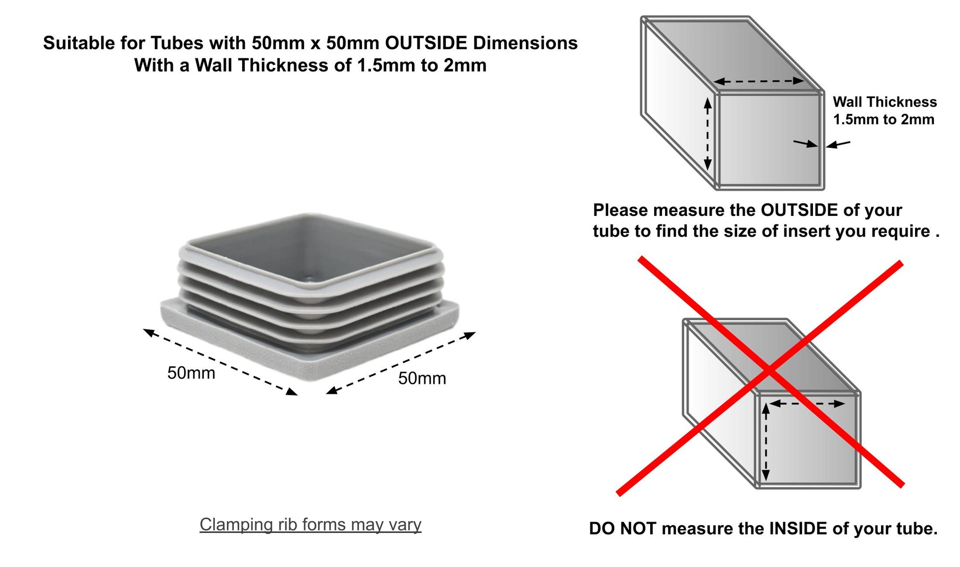 Square Tube Inserts 50mm x 50mm Grey | Made in Germany | Keay Vital Parts - Keay Vital Parts