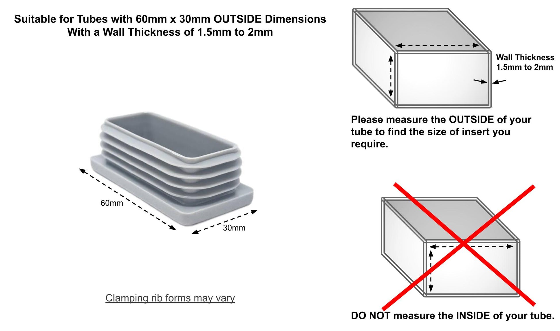 Rectangular Tube Inserts 60mm x 30mm Grey | Made in Germany | Keay Vital Parts - Keay Vital Parts