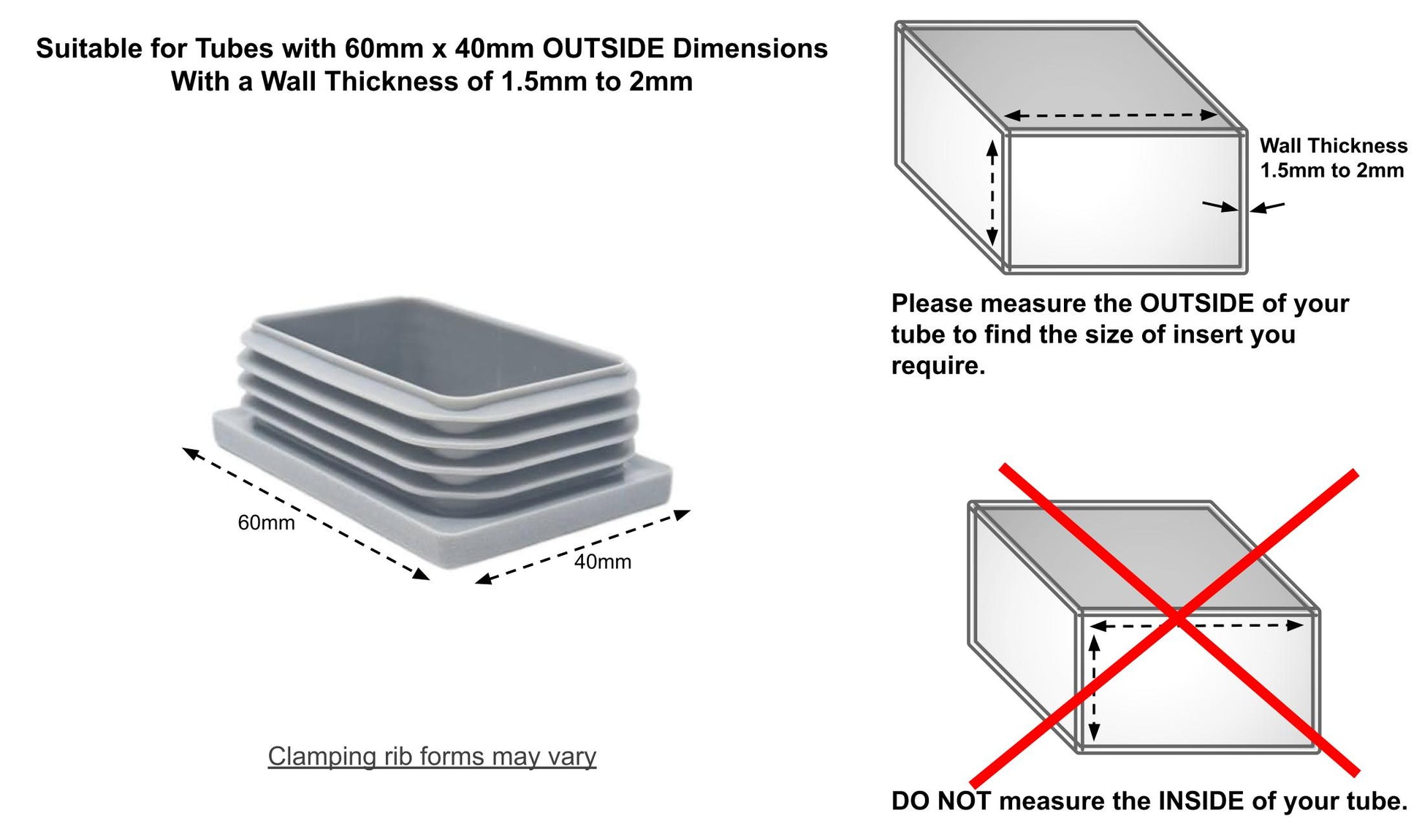 Rectangular Tube Inserts 60mm x 40mm Grey | Made in Germany | Keay Vital Parts - Keay Vital Parts