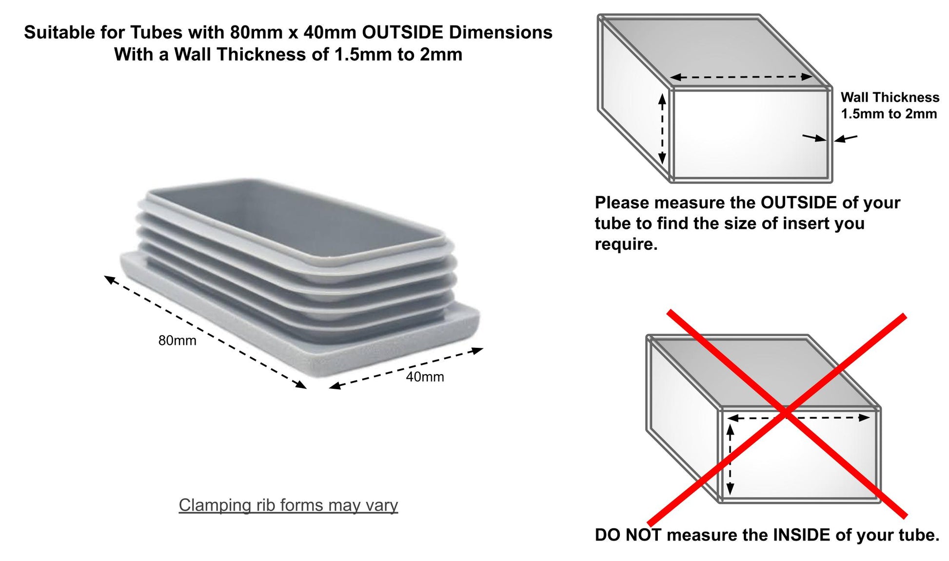 Rectangular Tube Inserts 80mm x 40mm Grey | Made in Germany | Keay Vital Parts - Keay Vital Parts