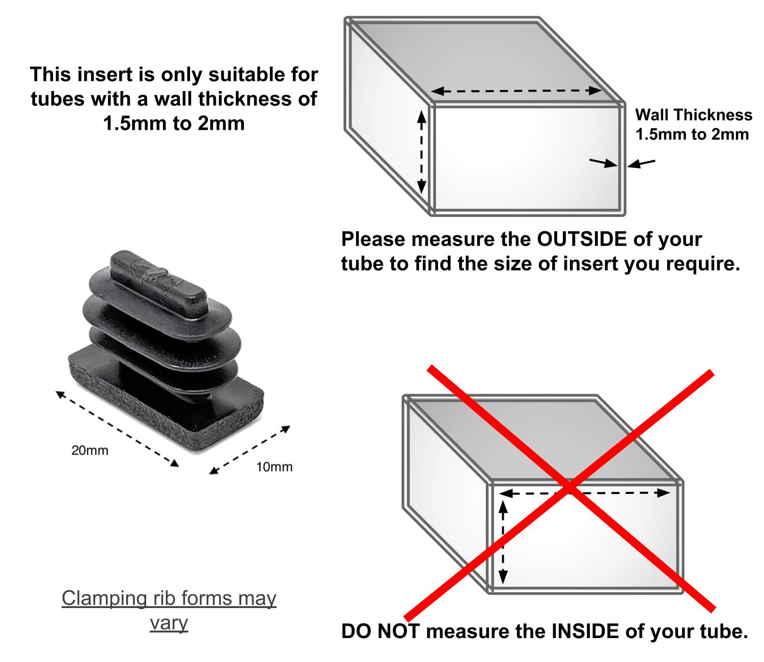 Rectangular Tube Inserts 20mm x 10mm Black | Made in Germany | Keay Vital Parts - Keay Vital Parts