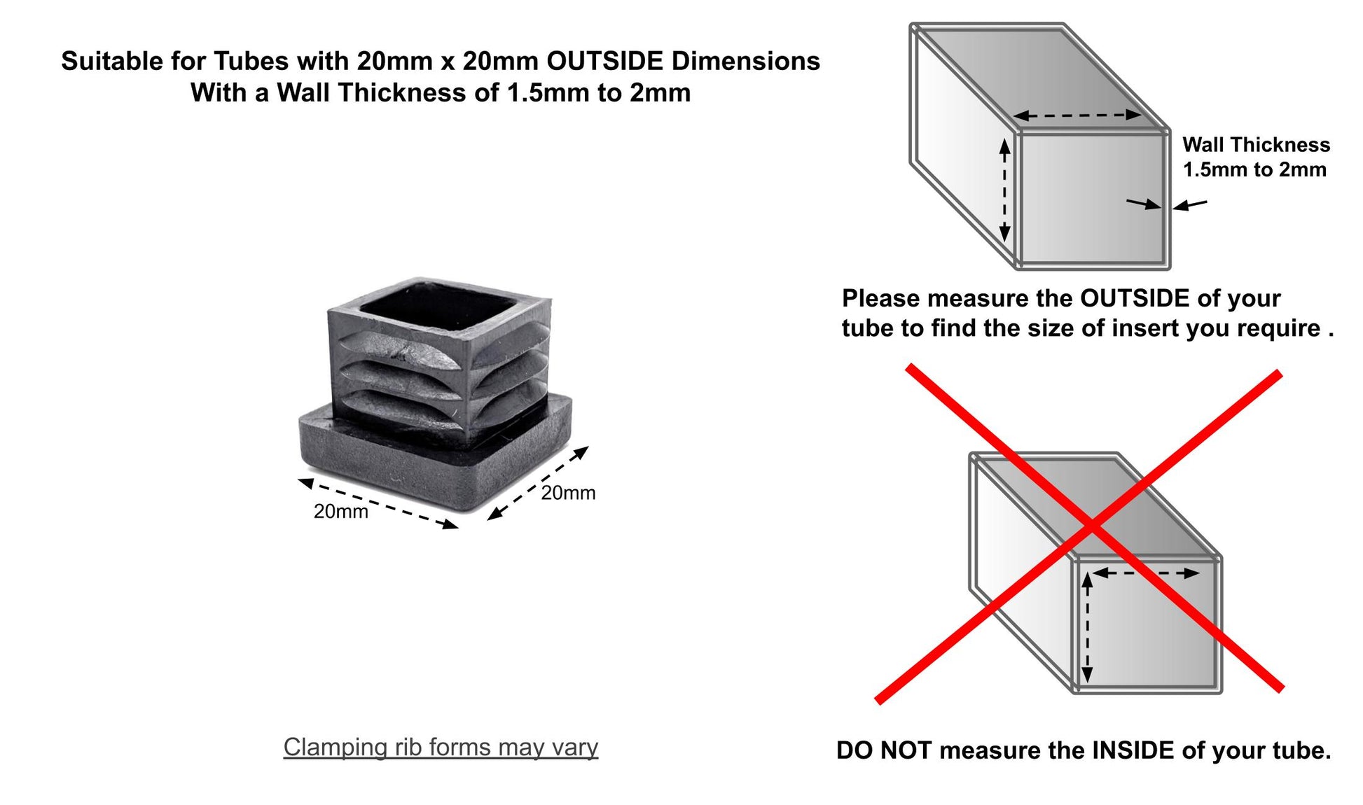 Square Tube Inserts 20mm x 20mm Black | Made in Germany | Keay Vital Parts - Keay Vital Parts