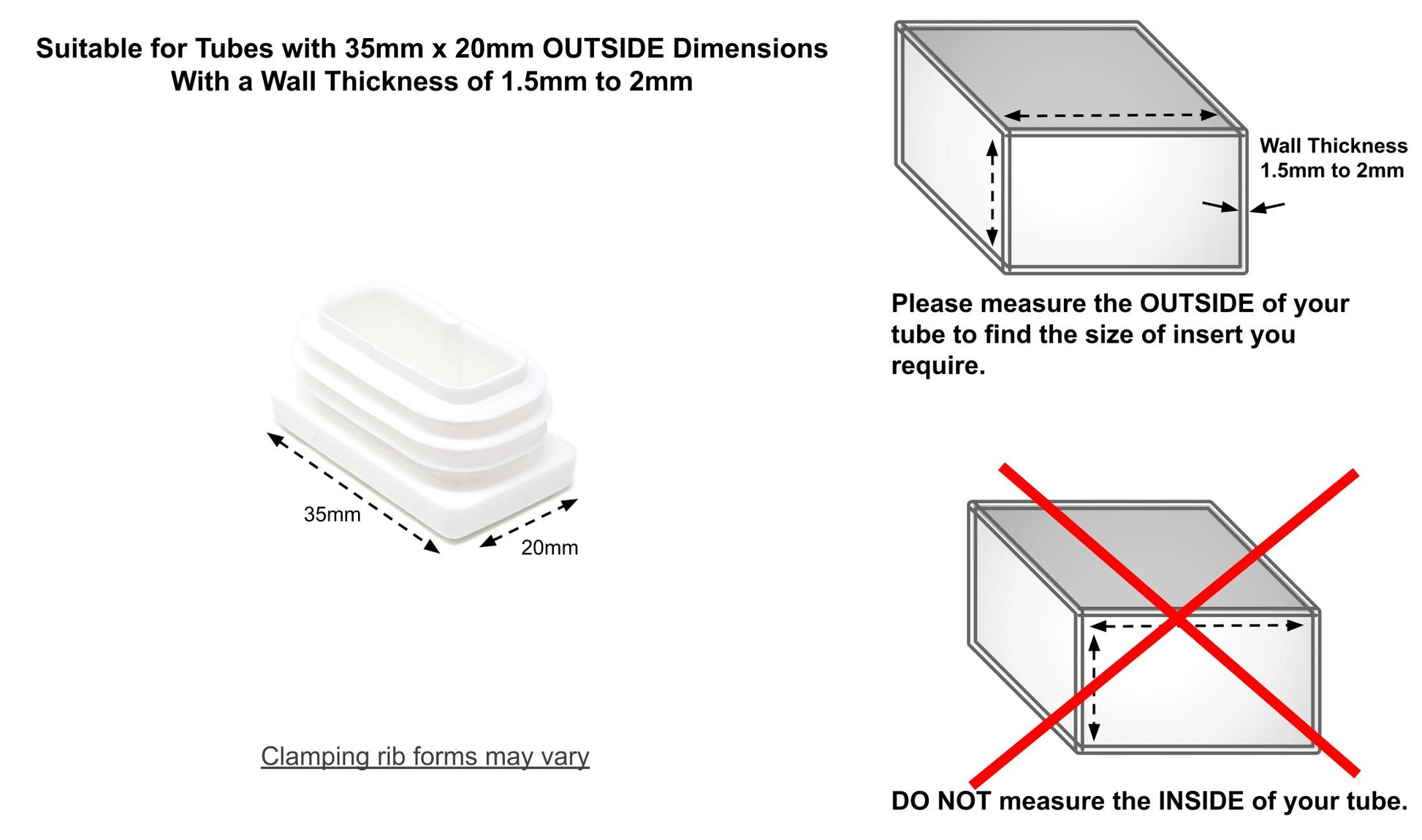 Rectangular Tube Inserts 35mm x 20mm White | Made in Germany | Keay Vital Parts - Keay Vital Parts