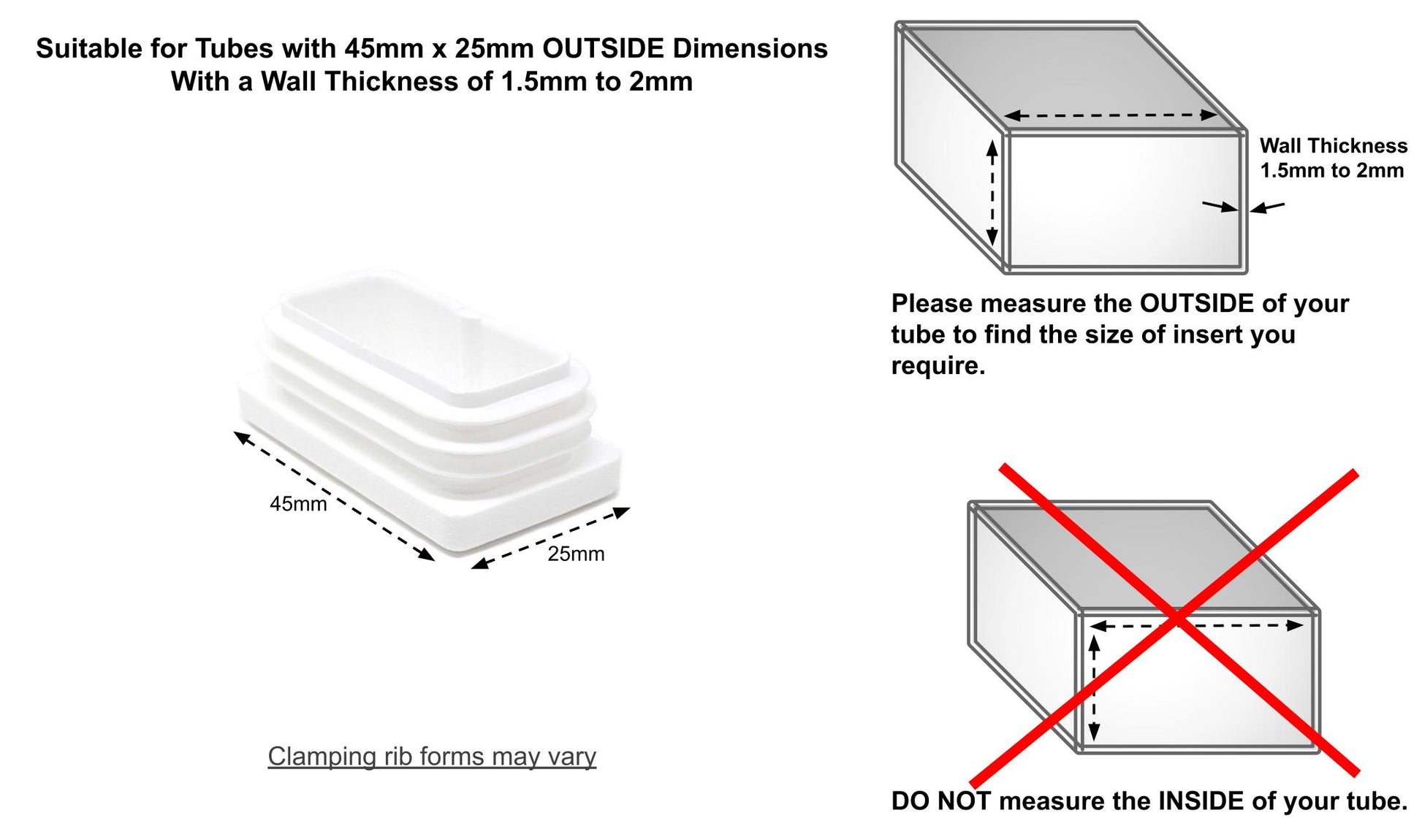 Rectangular Tube Inserts 45mm x 25mm White | Made in Germany | Keay Vital Parts - Keay Vital Parts