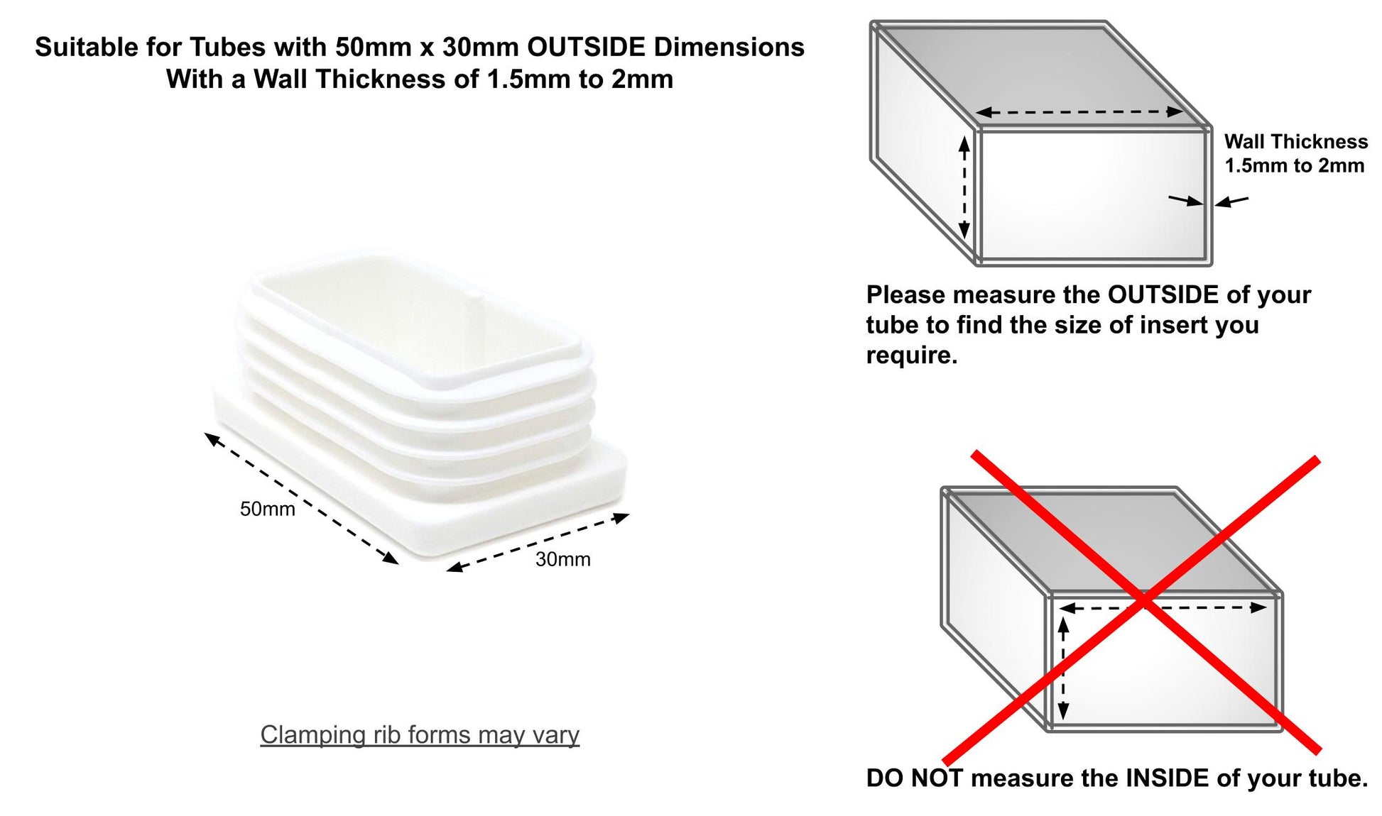 Rectangular Tube Inserts 50mm x 30mm White | Made in Germany | Keay Vital Parts - Keay Vital Parts