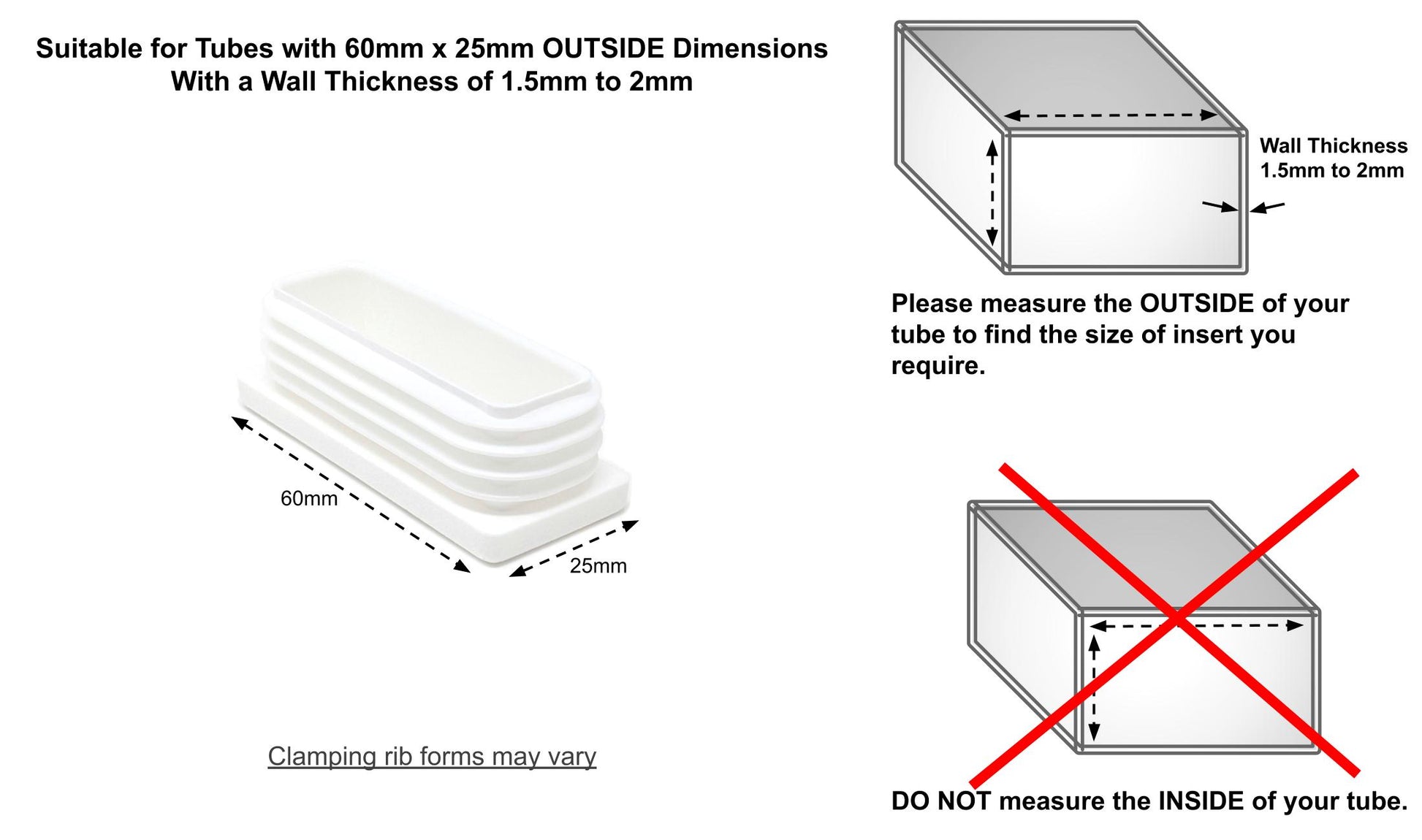 Rectangular Tube Inserts 60mm x 25mm White | Made in Germany | Keay Vital Parts - Keay Vital Parts