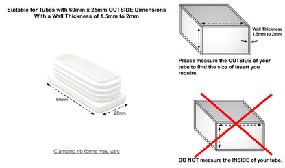 Rectangular Tube Inserts 60mm x 25mm White | Made in Germany | Keay Vital Parts - Keay Vital Parts