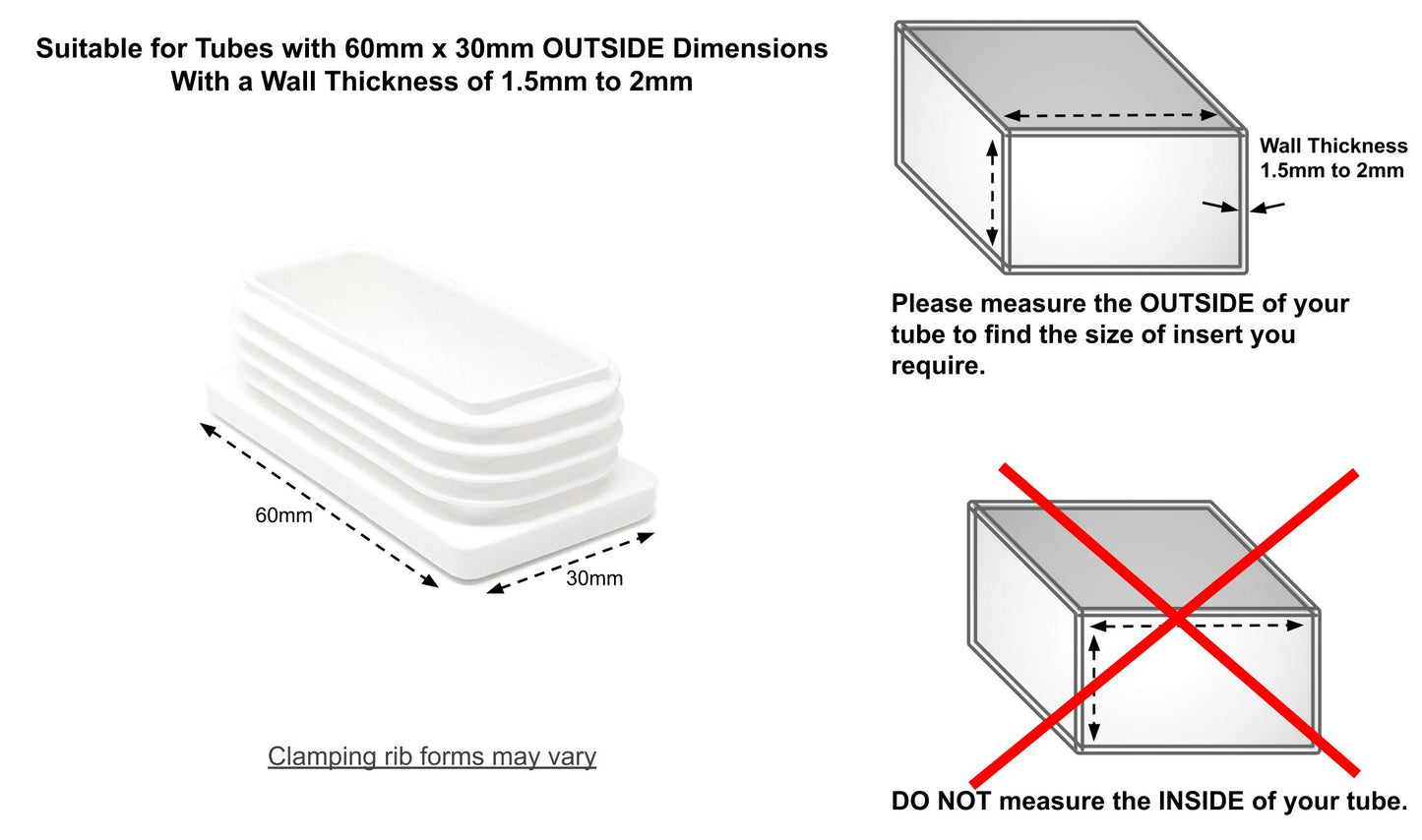 Rectangular Tube Inserts 60mm x 30mm White | Made in Germany | Keay Vital Parts - Keay Vital Parts