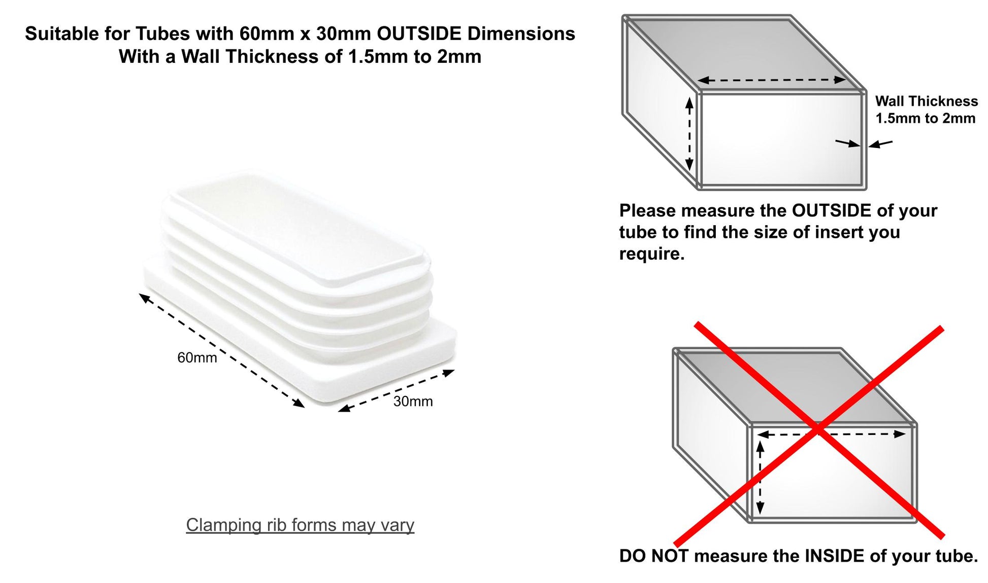 Rectangular Tube Inserts 60mm x 30mm White | Made in Germany | Keay Vital Parts - Keay Vital Parts