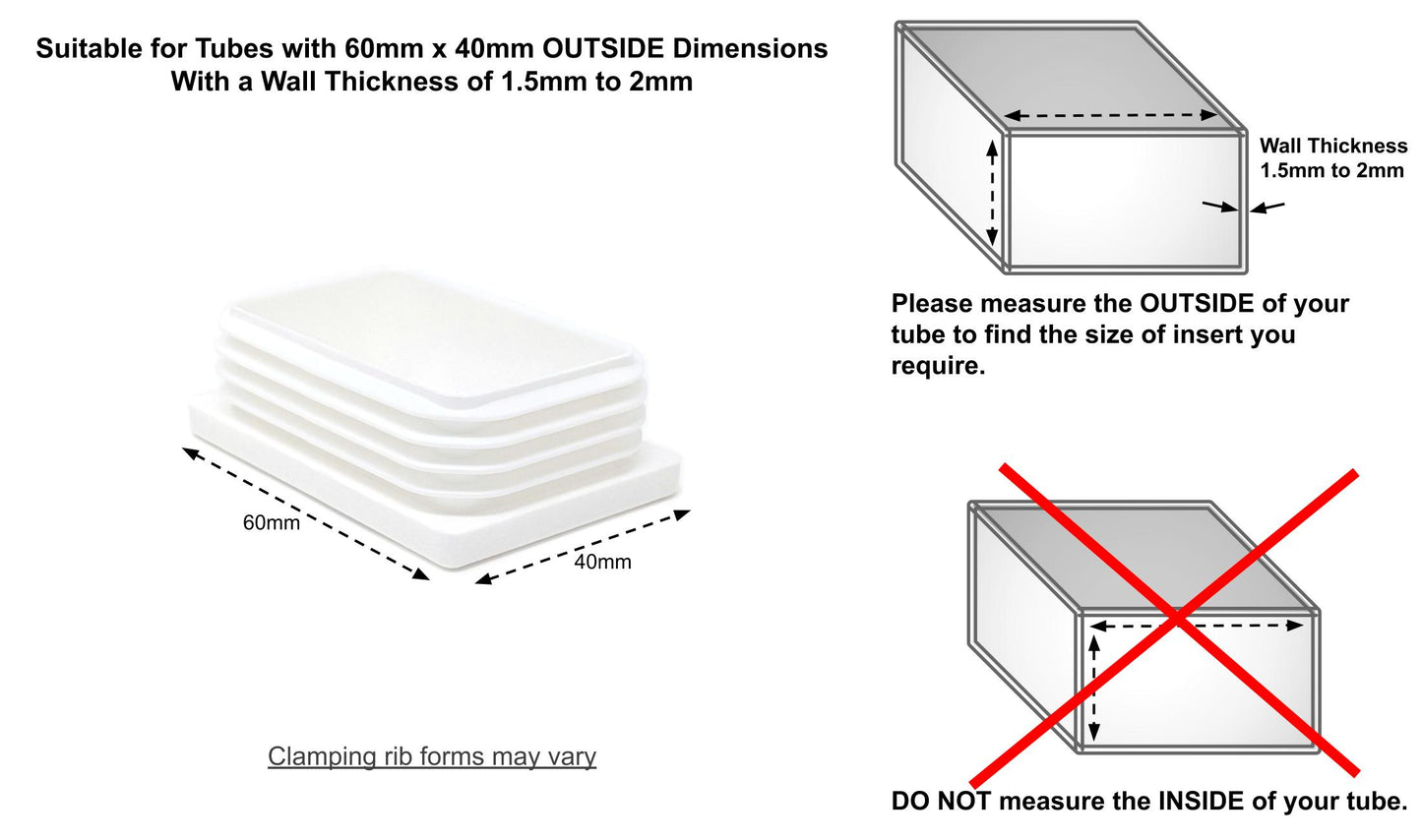 Rectangular Tube Inserts 60mm x 40mm White | Made in Germany | Keay Vital Parts - Keay Vital Parts