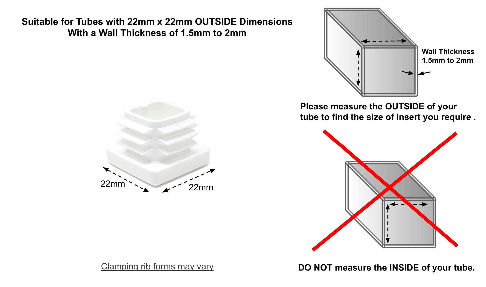 Square Tube Inserts 22mm x 22mm White | Made in Germany | Keay Vital Parts - Keay Vital Parts
