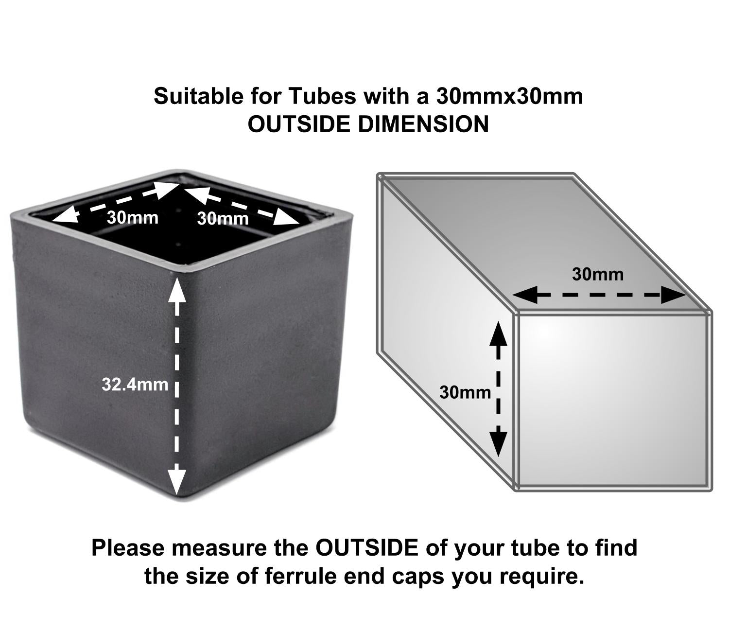 30x30mm Square Plastic Ferrules End Caps for Tubes Pipes Made in Germany - Keay Vital Parts
