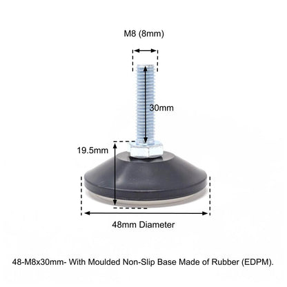 48mm-M8x30mm Non-Slip Screw In Levelling Machine Feet Height Adjustable, Made In Germany - Keay Vital Parts