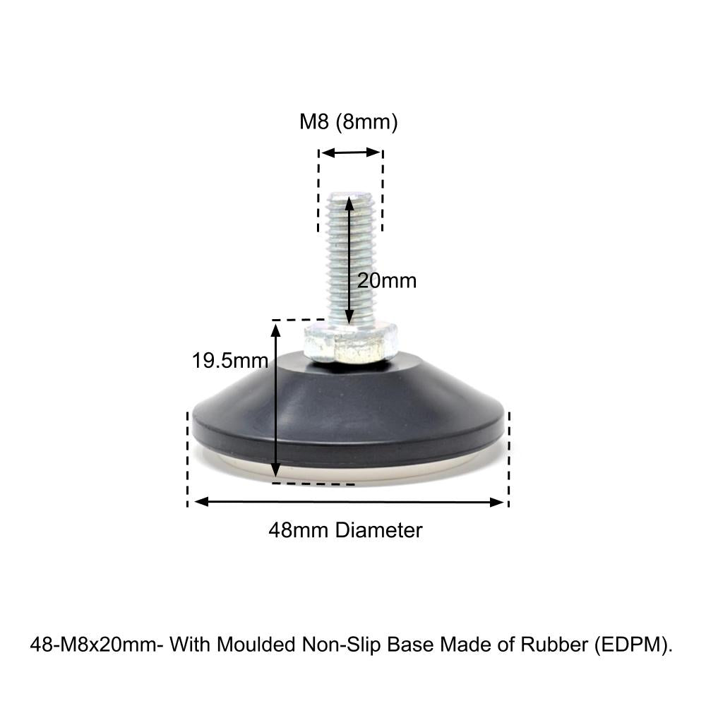 48mm-M8x20mm Non-Slip Screw In Levelling Machine Feet Height Adjustable, Made In Germany - Keay Vital Parts