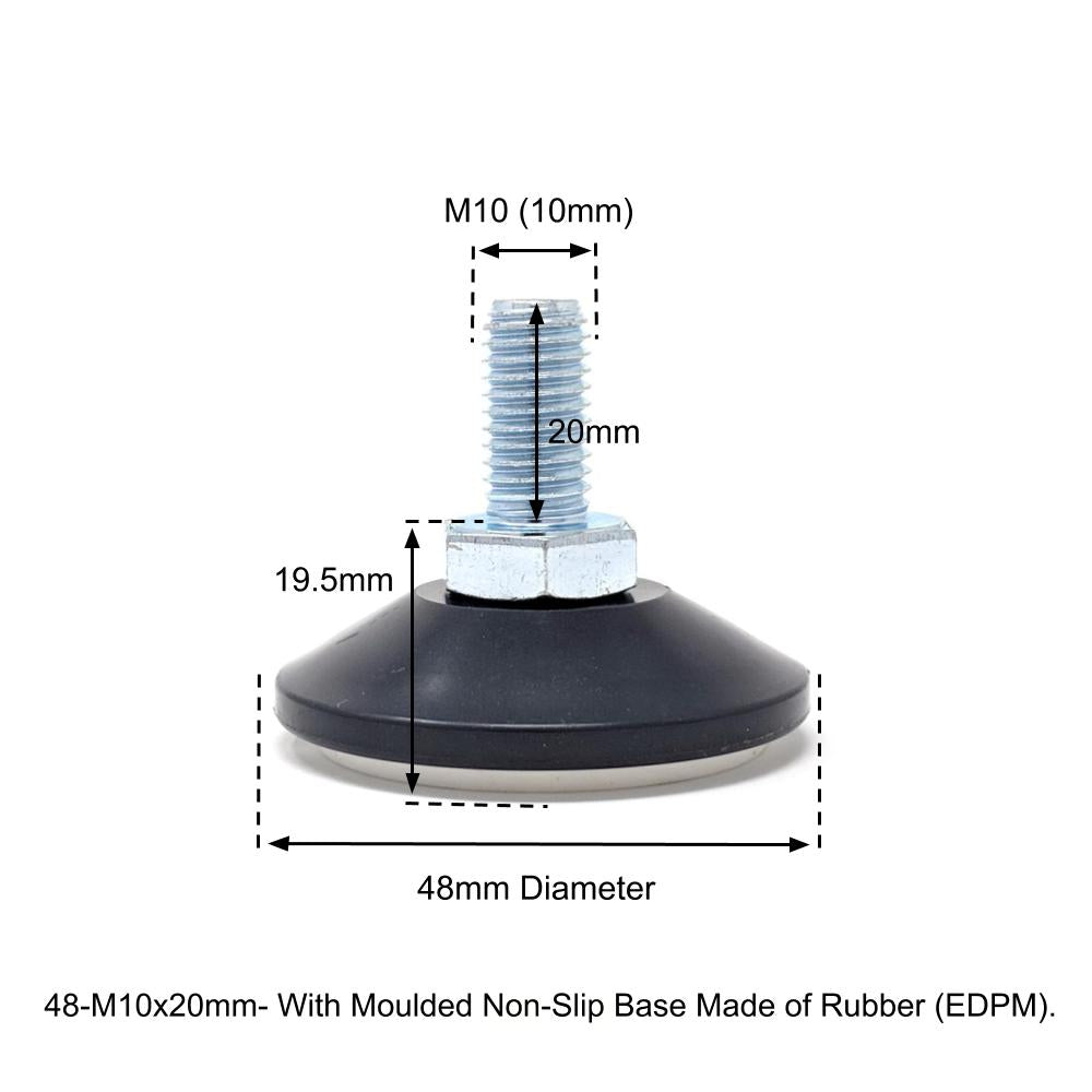 48mm-M10x20mm Non-Slip Screw In Levelling Machine Feet Height Adjustable, Made In Germany - Keay Vital Parts