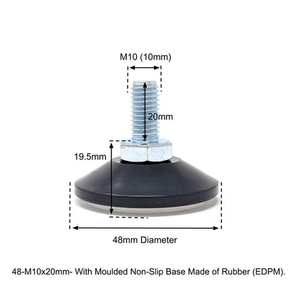 48mm-M10x20mm Non-Slip Screw In Levelling Machine Feet Height Adjustable, Made In Germany - Keay Vital Parts