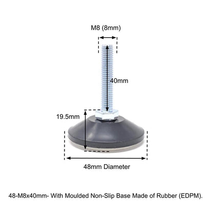48mm-M8x40mm Non-Slip Screw In Levelling Machine Feet Height Adjustable, Made In Germany - Keay Vital Parts
