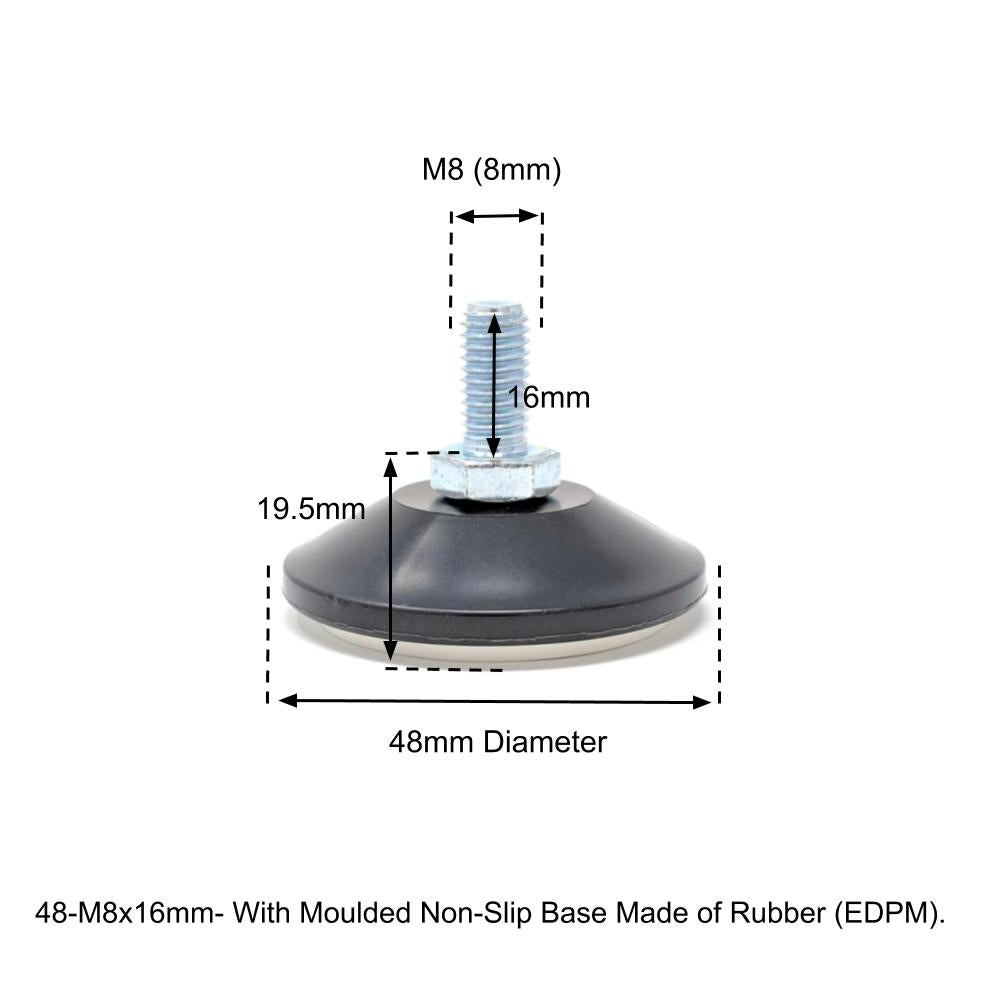 48mm-M8x16mm Non-Slip Screw In Levelling Machine Feet Height Adjustable, Made In Germany - Keay Vital Parts