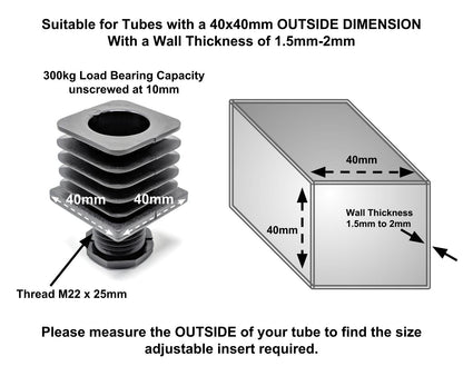 Square Tube Inserts 40mm x 40mm Height Adjustable | Made in Germany | Keay Vital Parts - Keay Vital Parts