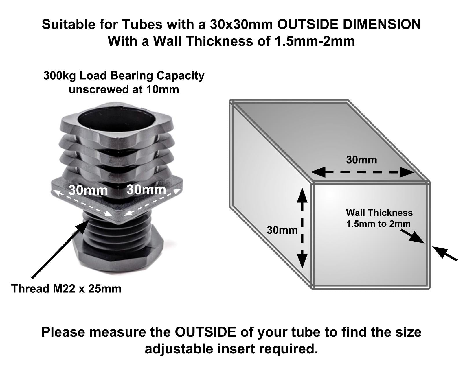 Square Tube Inserts 30mm x 30mm Height Adjustable | Made in Germany | Keay Vital Parts - Keay Vital Parts