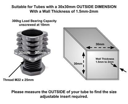 Square Tube Inserts 30mm x 30mm Height Adjustable | Made in Germany | Keay Vital Parts - Keay Vital Parts