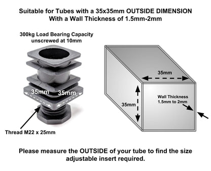 Square Tube Inserts 35mm x 35mm Height Adjustable | Made in Germany | Keay Vital Parts - Keay Vital Parts