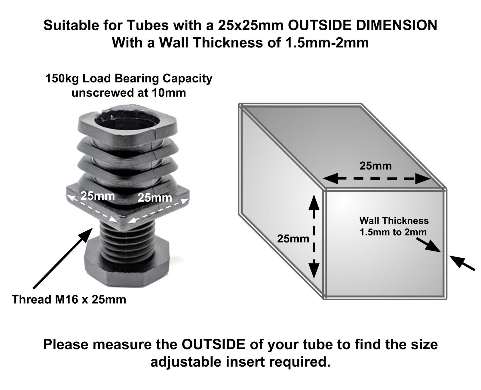 Square Tube Inserts 25mm x 25mm Height Adjustable | Made in Germany | Keay Vital Parts - Keay Vital Parts