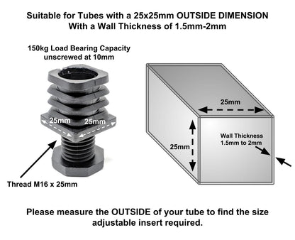 Square Tube Inserts 25mm x 25mm Height Adjustable | Made in Germany | Keay Vital Parts - Keay Vital Parts