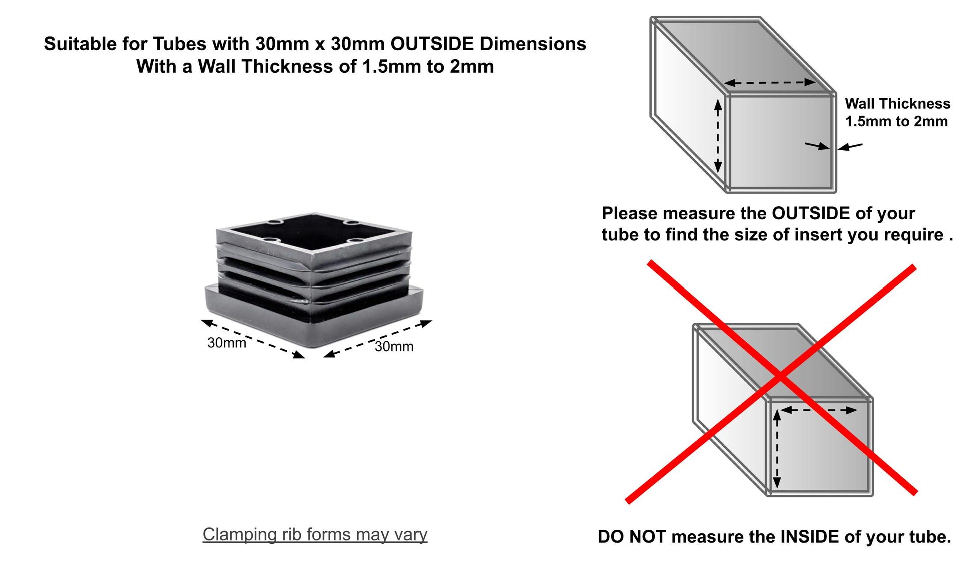 Square Tube Inserts 30mm x 30mm Black | Made in Germany | Keay Vital Parts - Keay Vital Parts
