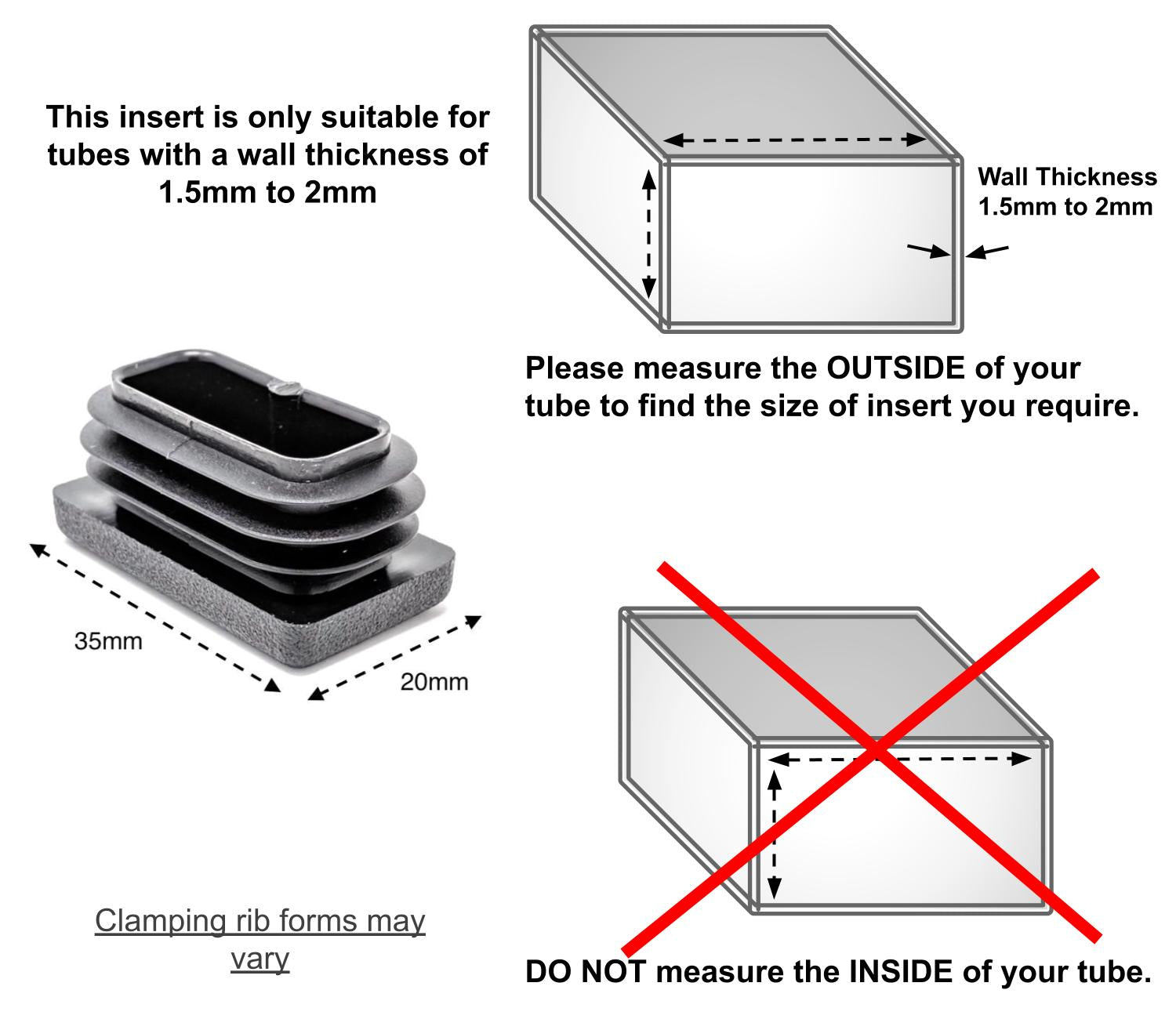 Rectangular Tube Inserts 35mm x 20mm Black | Made in Germany | Keay Vital Parts - Keay Vital Parts