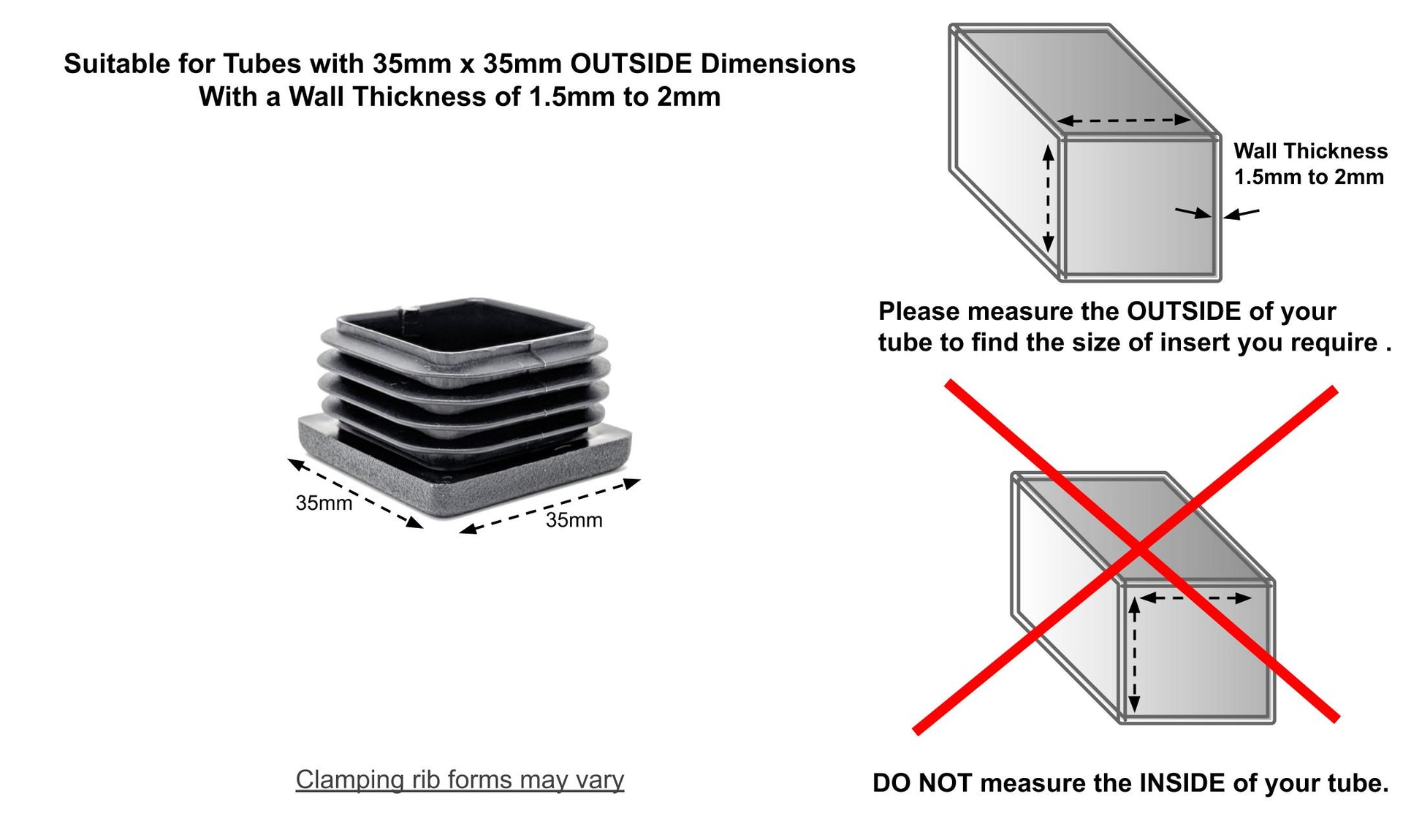 Square Tube Inserts 35mm x 35mm Black | Made in Germany | Keay Vital Parts - Keay Vital Parts
