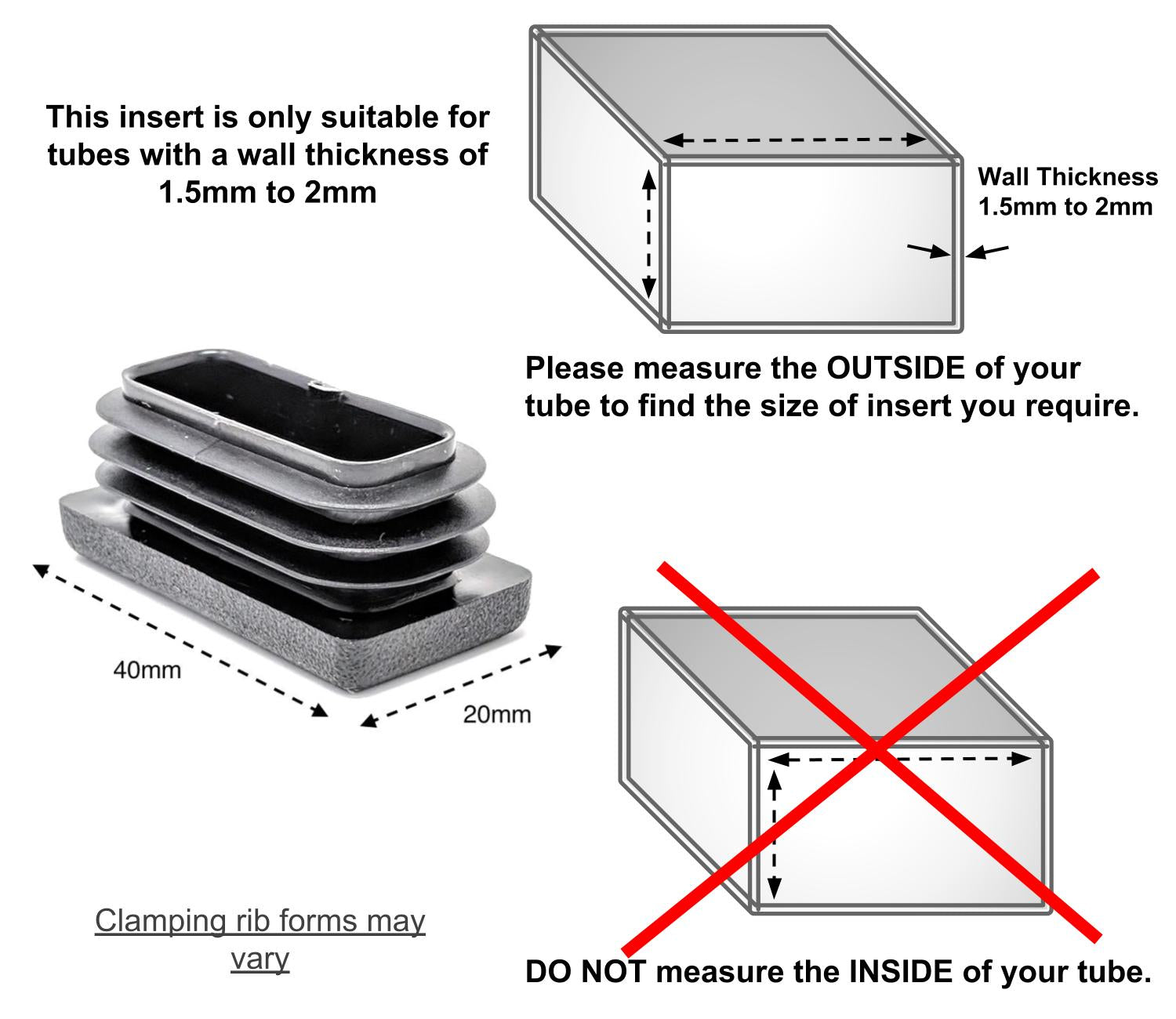 Rectangular Tube Inserts 40mm x 20mm Black | Made in Germany | Keay Vital Parts - Keay Vital Parts