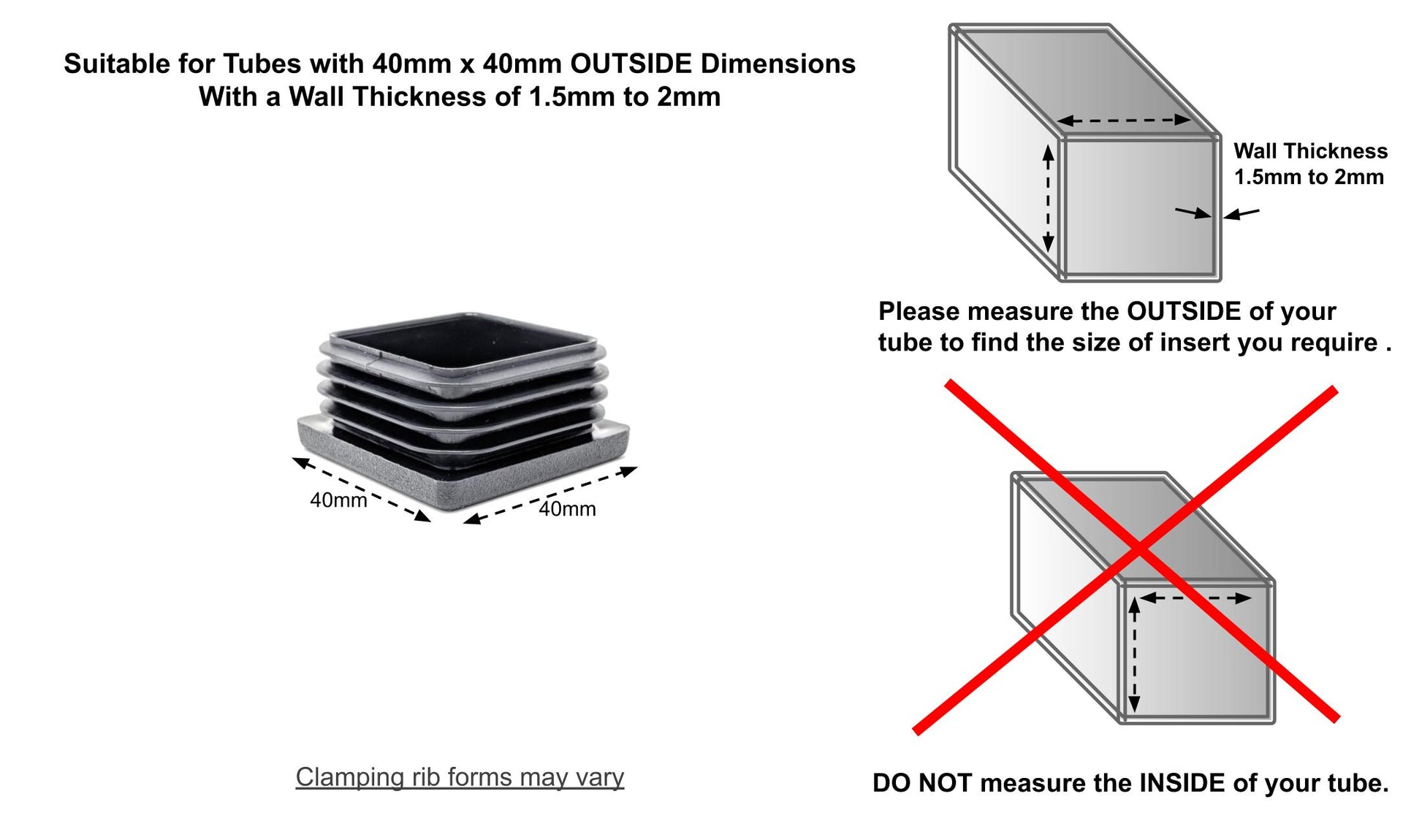 Square Tube Inserts 40mm x 40mm Black | Made in Germany | Keay Vital Parts - Keay Vital Parts