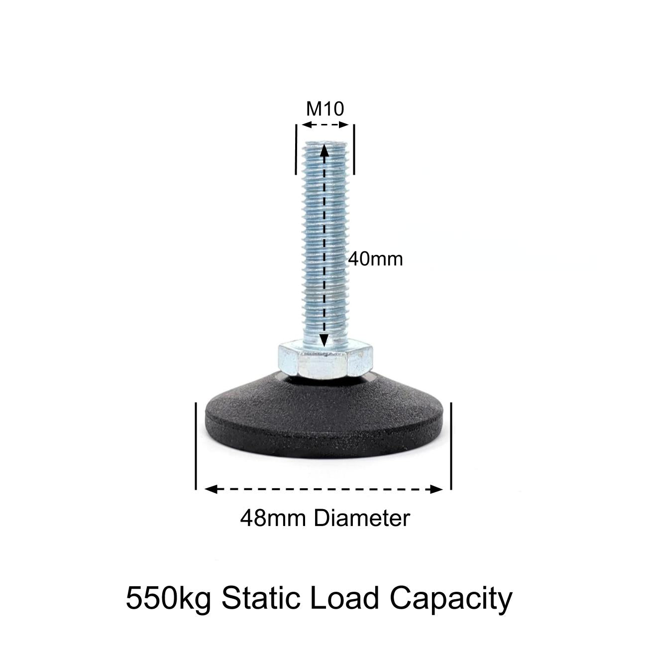 Adjustable Feet, 48mm Dia. Base, M10 40mm Thread, 550kg Static Load Capacity - Made In Germany - Keay Vital Parts