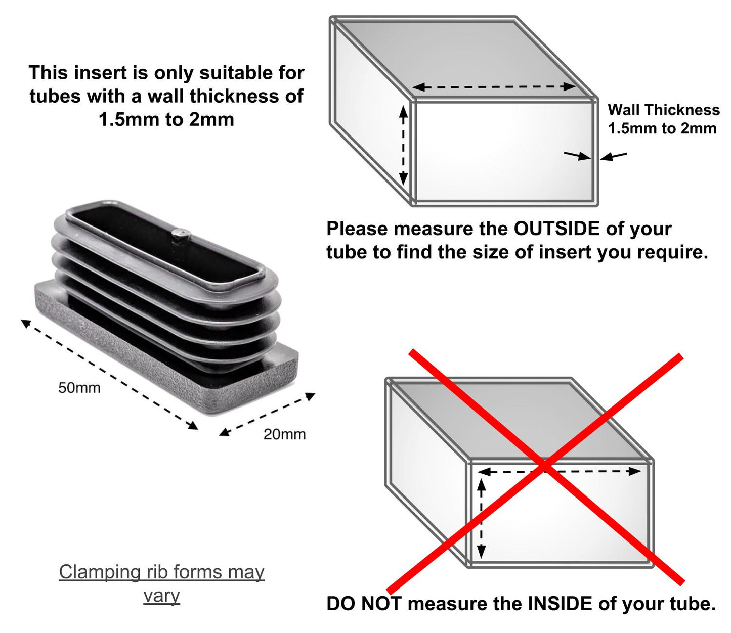 Rectangular Tube Inserts 50mm x 20mm Black | Made in Germany | Keay Vital Parts - Keay Vital Parts