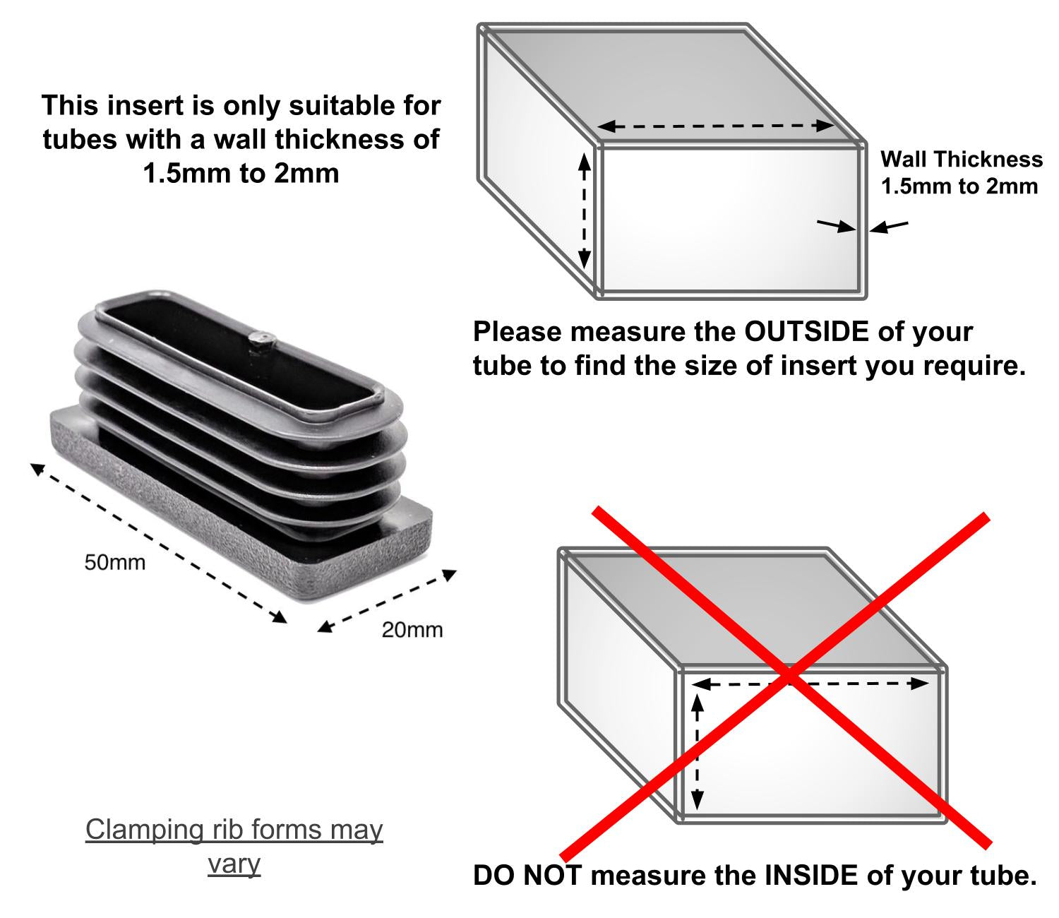 Rectangular Tube Inserts 50mm x 20mm Black | Made in Germany | Keay Vital Parts - Keay Vital Parts