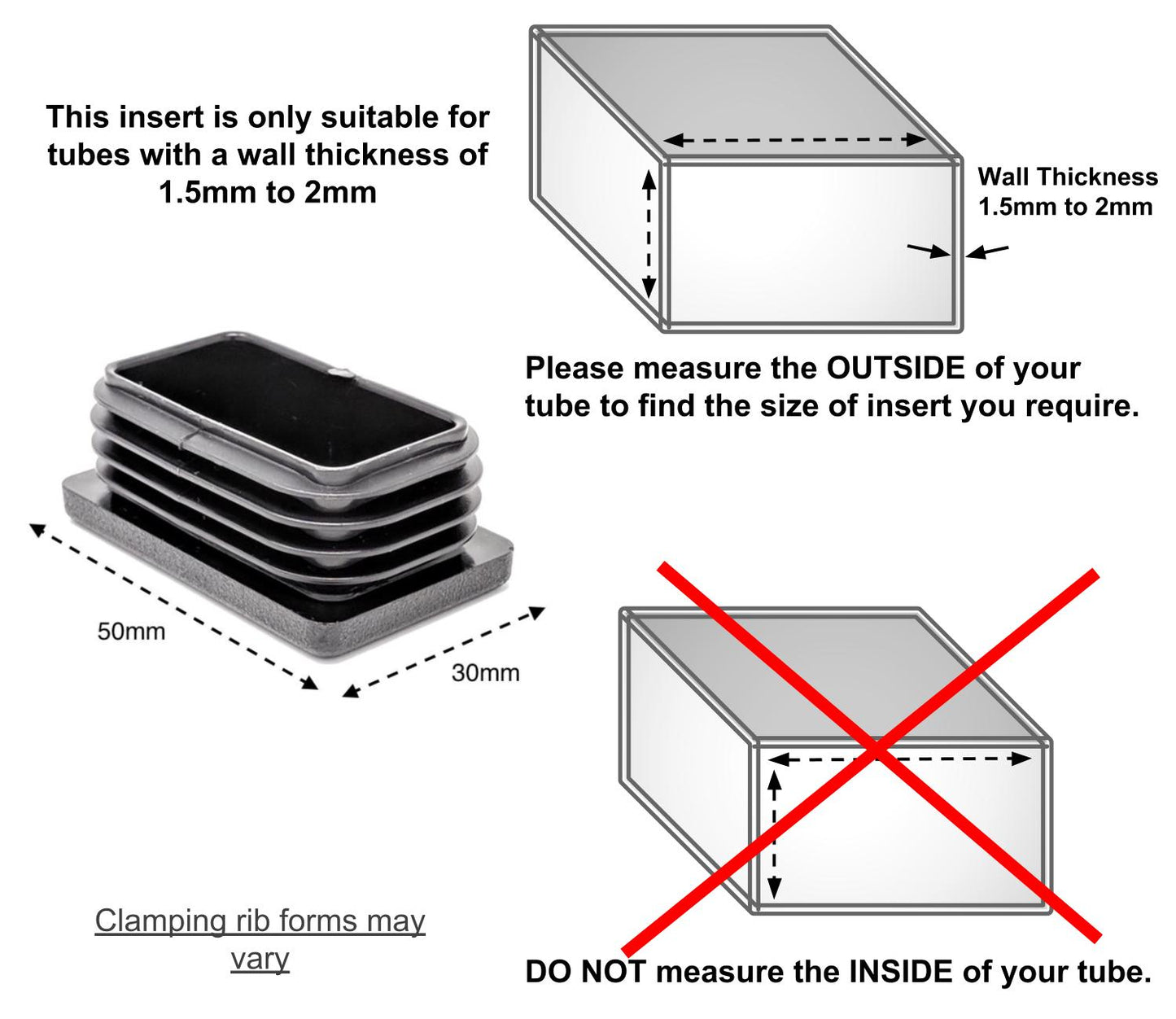 Rectangular Tube Inserts 50mm x 30mm Black | Made in Germany | Keay Vital Parts - Keay Vital Parts
