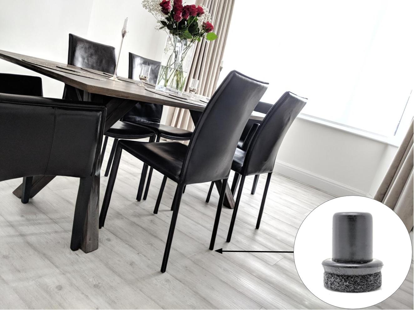 Tube Inserts with felt pads designed for furniture with vertical round tubular legs. Floor protection for wood, laminate, vinyl, smooth tile, stone and similar surfaces. Ideal for restaurants chairs, school chairs, contract furniture, furniture design, contemporary furniture and domestic furniture 