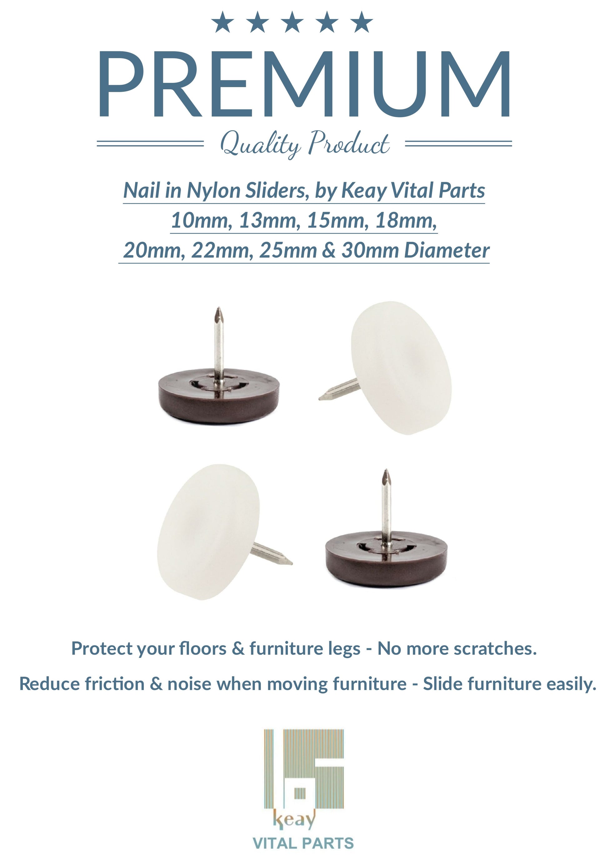 30mm White Nylon Nail On Gliders - Made in Germany - Keay Vital Parts