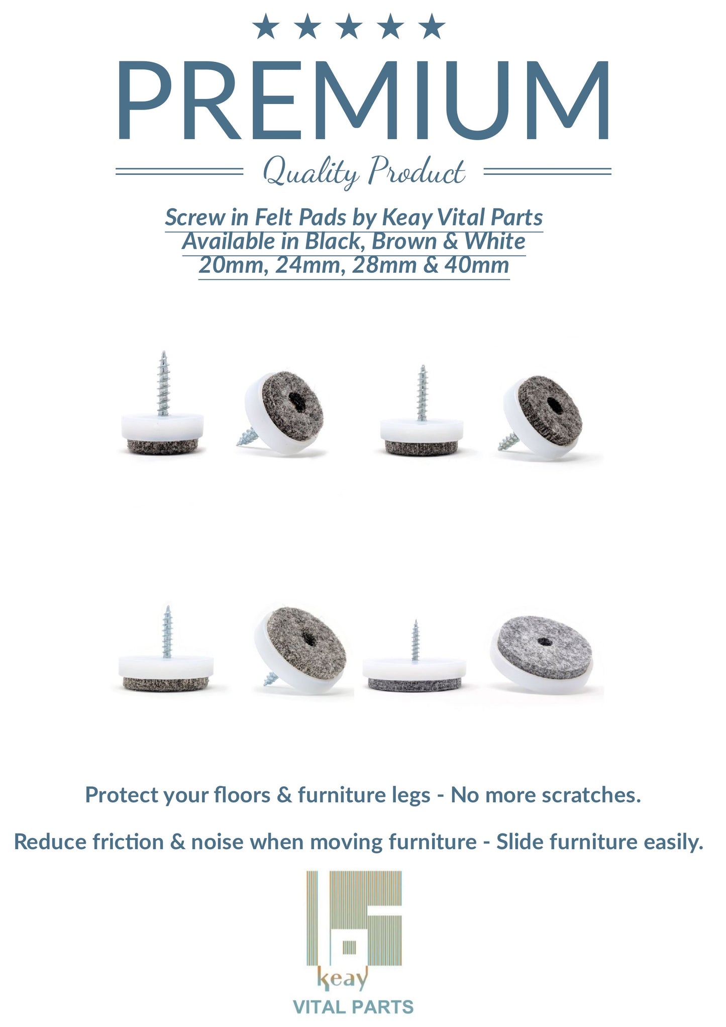 Felt Furniture Pads 40mm Screw On White | Made in Germany | Keay Vital Parts - Keay Vital Parts