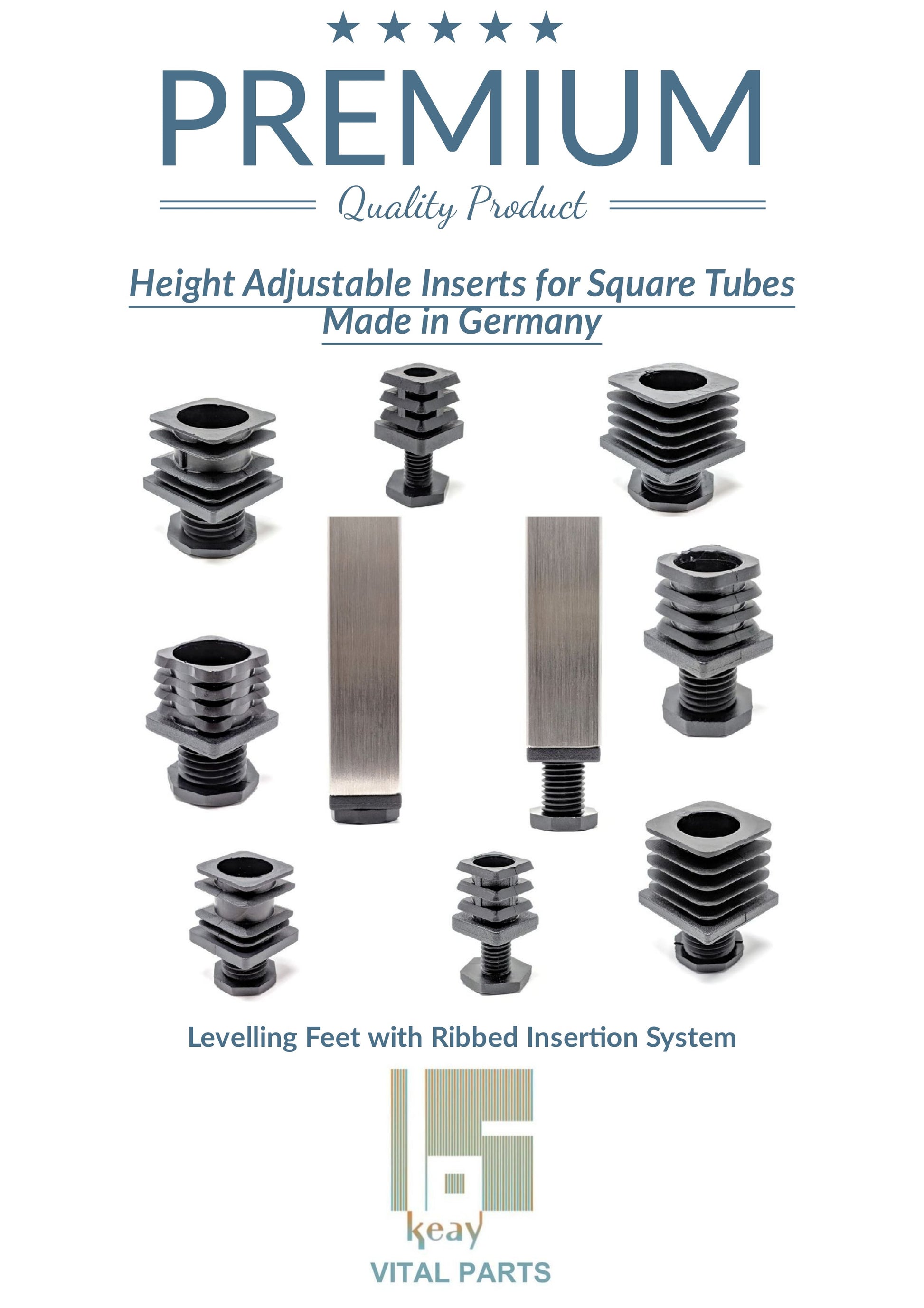 Square Tube Inserts 40mm x 40mm Height Adjustable | Made in Germany | Keay Vital Parts - Keay Vital Parts