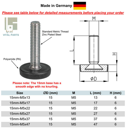 Adjustable Feet Low Profile (15mm & 20mm Base - M5 & M6) | Made in Germany | Keay Vital Parts - Keay Vital Parts