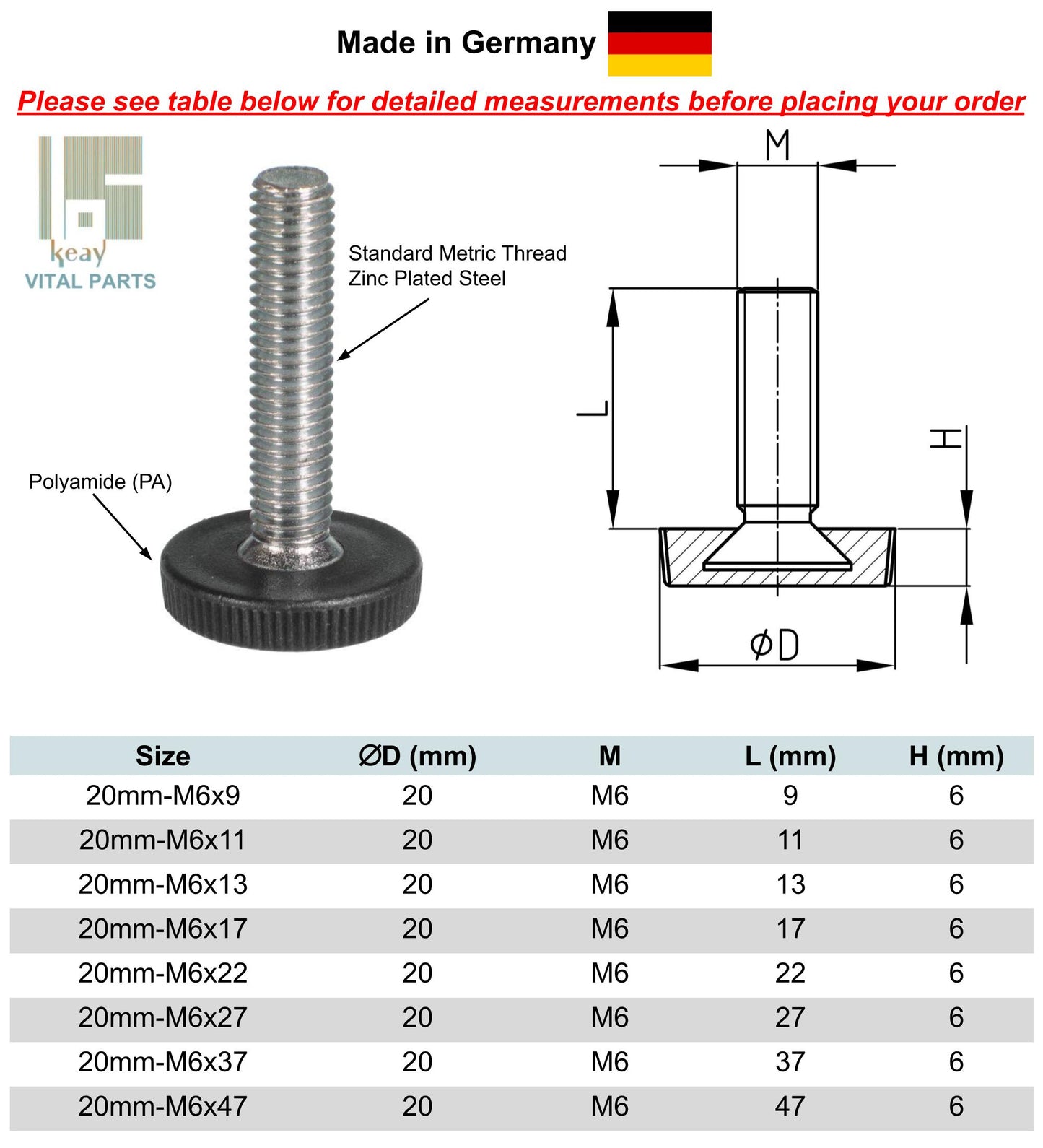 M6 Adjustable Feet Low Profile | Made in Germany | Keay Vital Parts