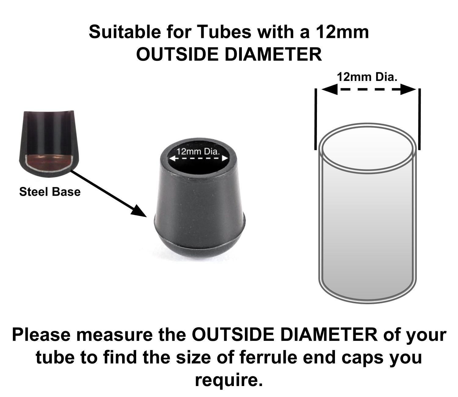 12mm Black Rubber Ferrules with Steel Base Insert - Made in Germany - Keay Vital Parts