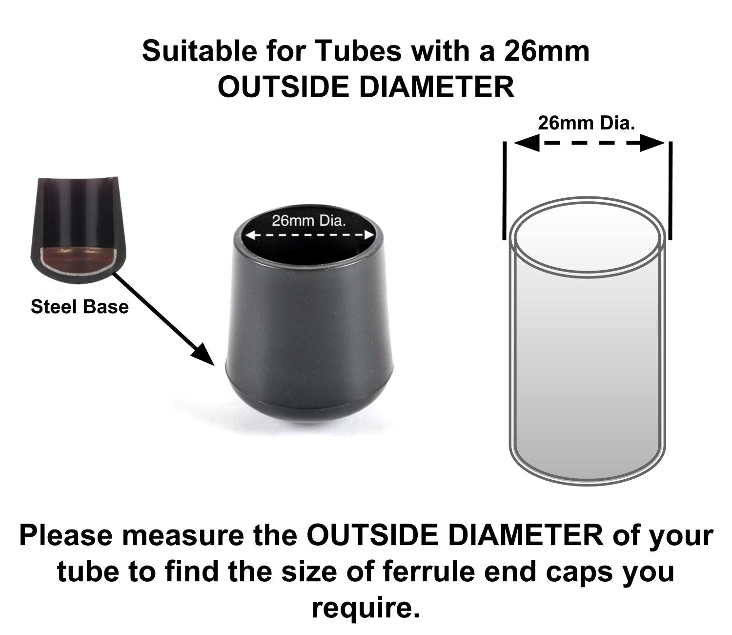 26mm Black Rubber Ferrules with Steel Base Insert - Made in Germany - Keay Vital Parts