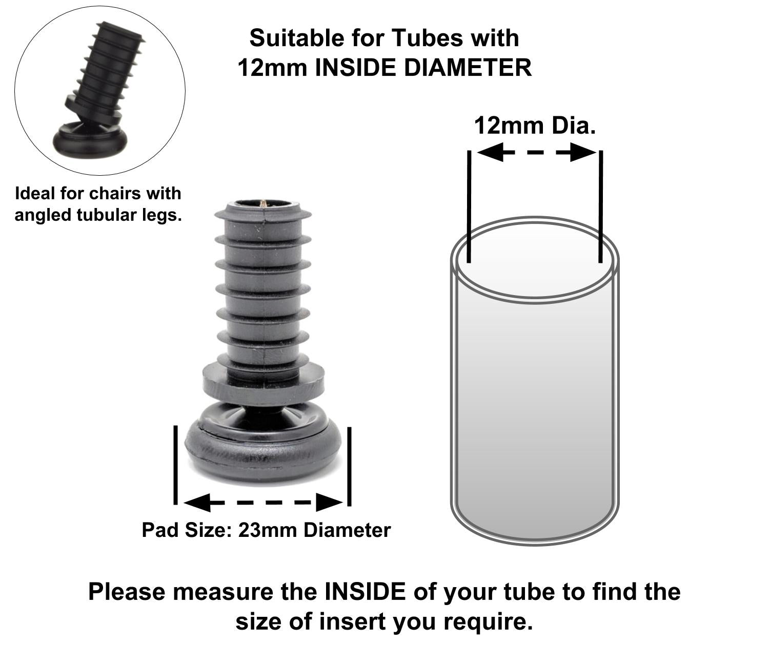 Metal Chair Leg Inserts Nylon Gliders (For tubes with 12mm Inside Diameter - Pad Size 23mm) Made in Germany | Keay Vital Parts - Keay Vital Parts