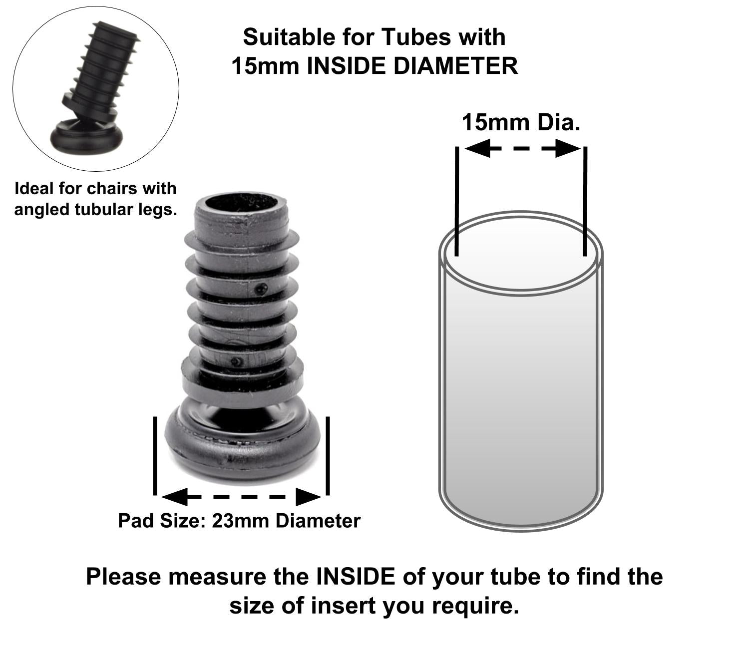 Metal Chair Leg Inserts Nylon Gliders (For tubes with 15mm Inside Diameter - Pad Size 23mm) Made in Germany | Keay Vital Parts - Keay Vital Parts
